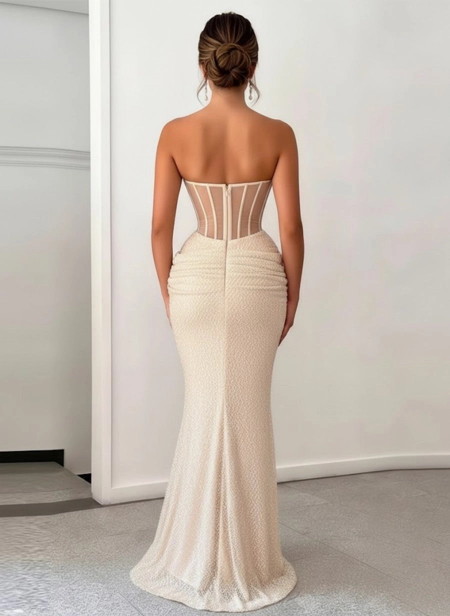 Elegant Ivory Beaded Tulle Mermaid Sweetheart Strapless Sheer-Corset Zipper-Back High-Slit Prom Dress
