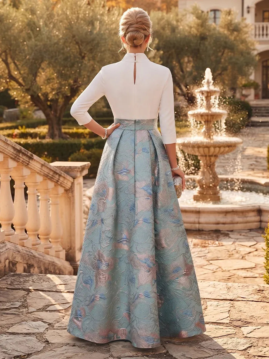 Elegant A-Line V-Neck Three Quarter Sleeve Keyhole Back Maxi Mother of the Bride Dress