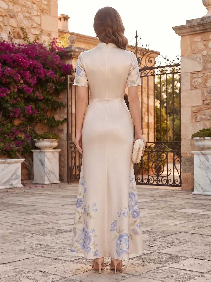 Elegant A-Line V-Neck Short Sleeve Zipper Back Floral Mother of the Bride Dress