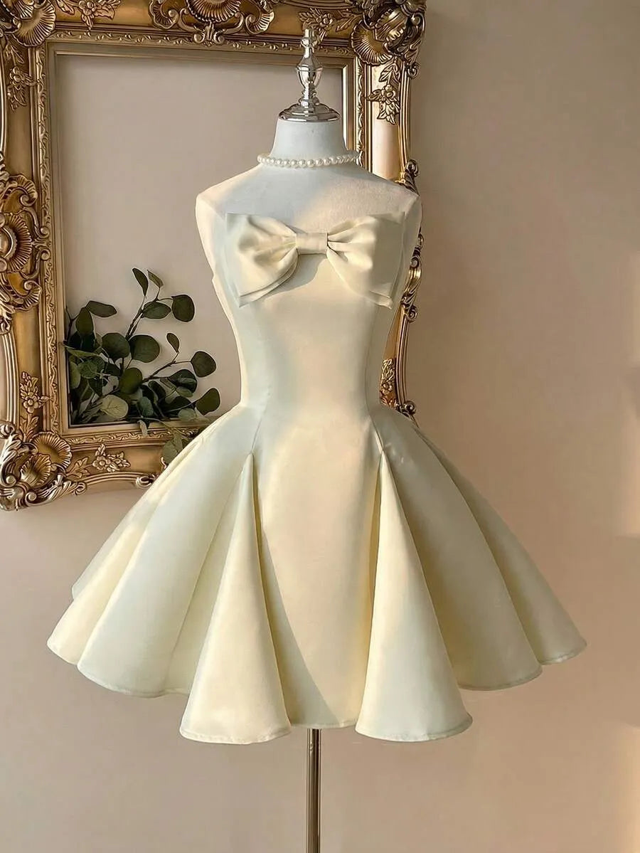 Loverlm ivory strapless homecoming dress with oversized bow fitted bodice and structured A-line mini skirt