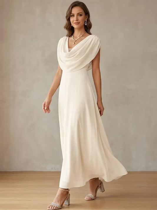 Front view of Loverlm ivory evening dress with draped cowl neckline, cap sleeves, defined waist and flowing ankle-length A-line skirt