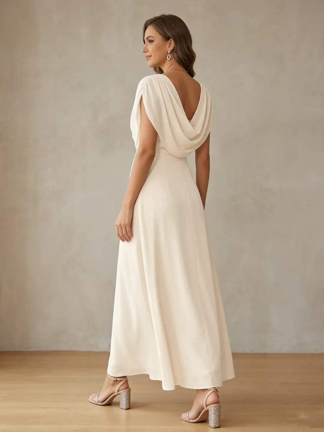 Elegant A-Line Cowl-Neck Cap-Sleeve Draped-Back Ankle-Length Evening Dress