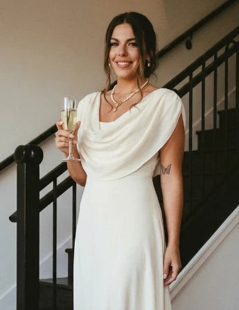 Elegant A-Line Cowl-Neck Cap-Sleeve Draped-Back Ankle-Length Evening Dress