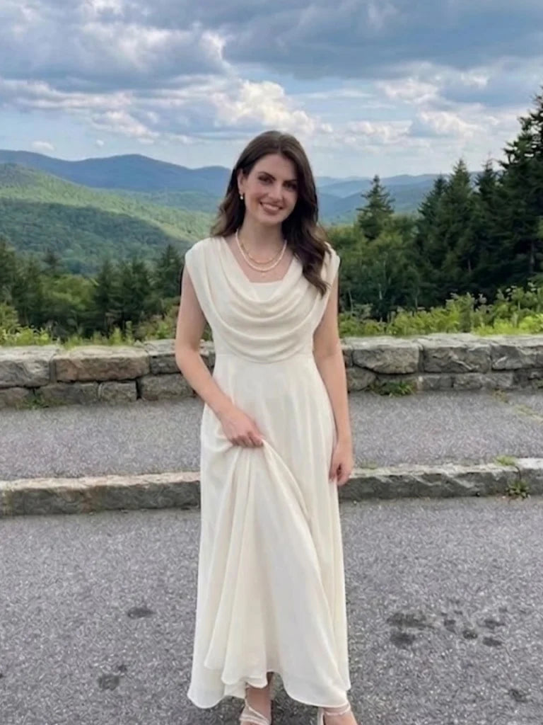 Elegant A-Line Cowl-Neck Cap-Sleeve Draped-Back Ankle-Length Evening Dress