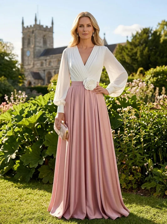 Loverlm ivory and dusty rose Mother of the Bride dress with V-neck long bishop sleeves floral waist appliqué and floor-length A-line skirt
