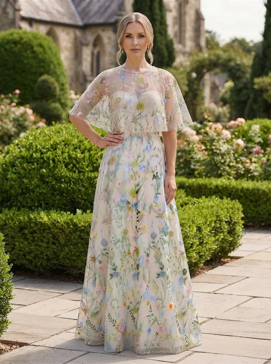 Loverlm ivory Mother of the Bride dress with illusion neckline floral embroidered cape sleeves and floor-length A-line skirt