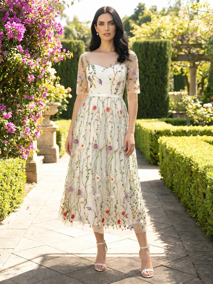 Romantic A-Line Illusion Neck Short Sleeve Zip Back Midi Wedding Guest Dress