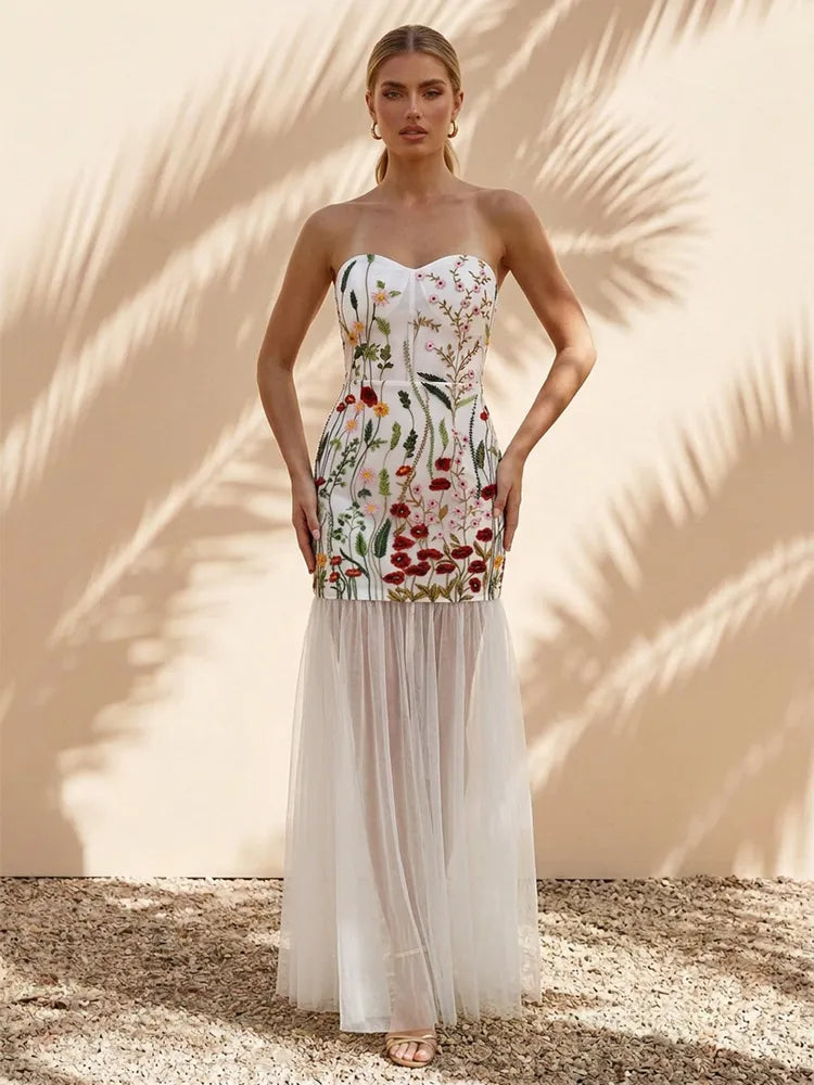 Front view of Loverlm ivory floral embroidered strapless evening dress with sweetheart neckline, fitted sheath bodice and sheer tulle maxi skirt
