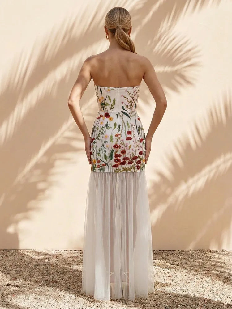 Romantic Sheath Sweetheart Strapless Floral Embroidered Tulle Maxi Evening Dress