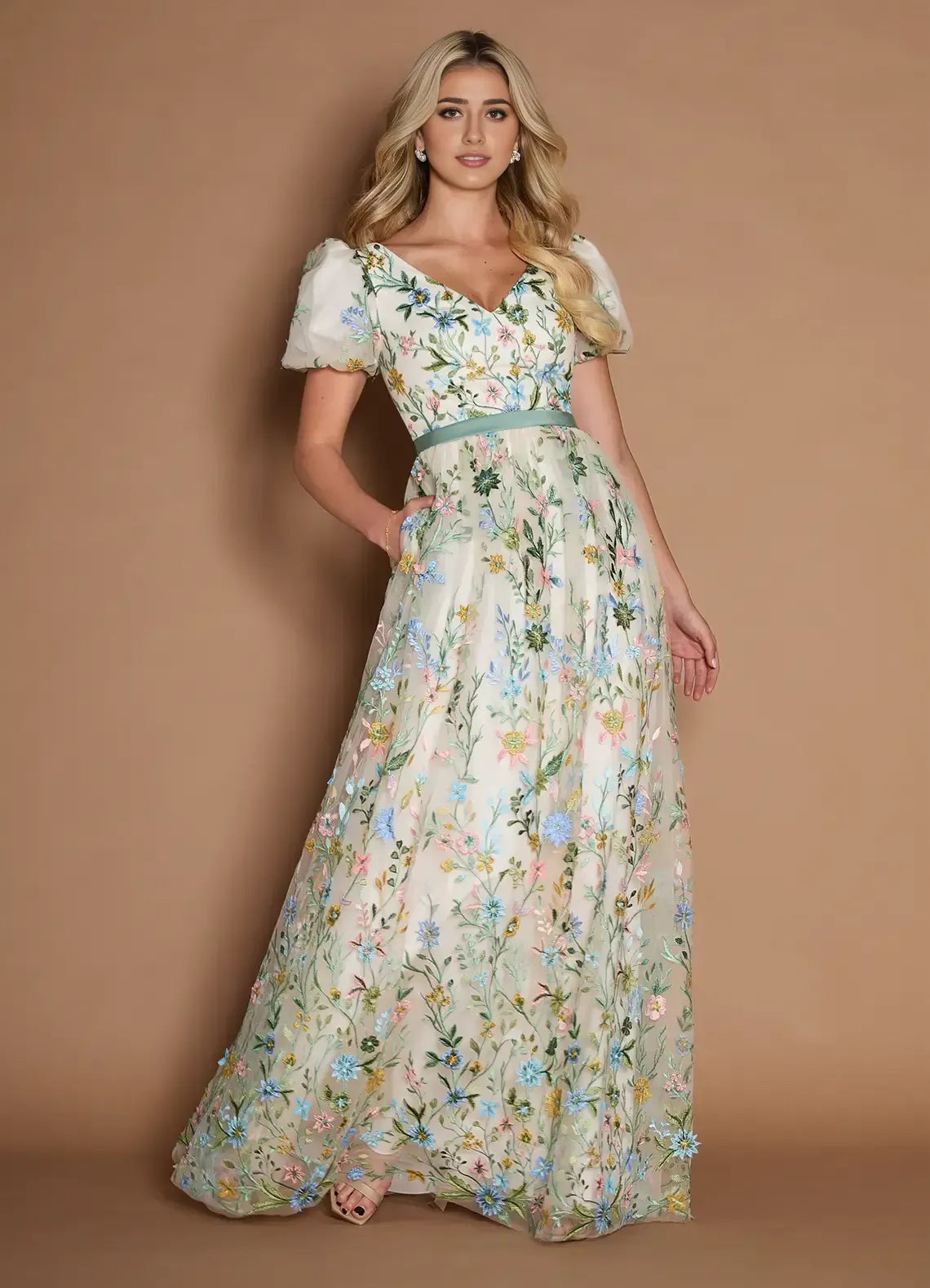 Loverlm ivory floral embroidered A-line wedding guest dress with V-neckline, puff sleeves, sage green waistband and floor-length skirt front view