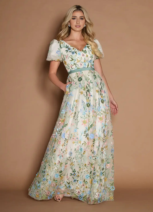 Loverlm ivory floral embroidered A-line wedding guest dress with V-neckline, puff sleeves, sage green waistband and floor-length skirt front view