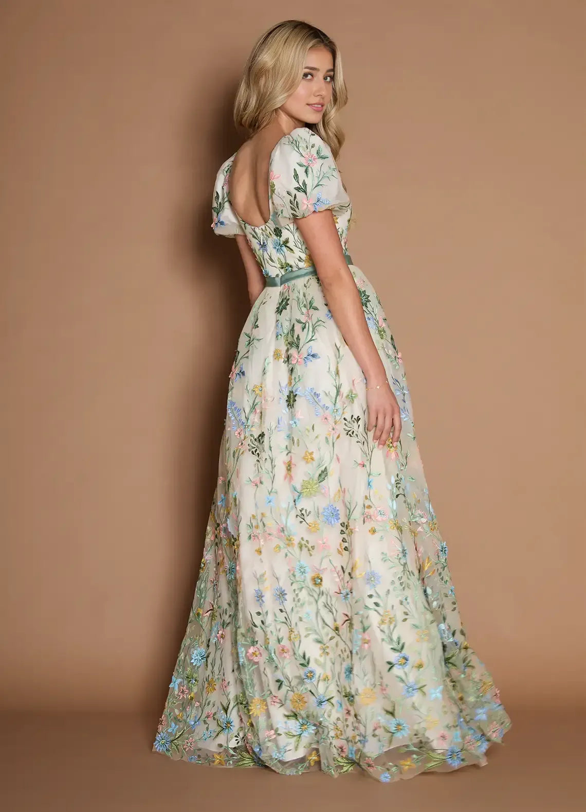 Romantic A-Line V-Neck Puff Sleeve Scoop Back Floral Maxi Wedding Guest Dress