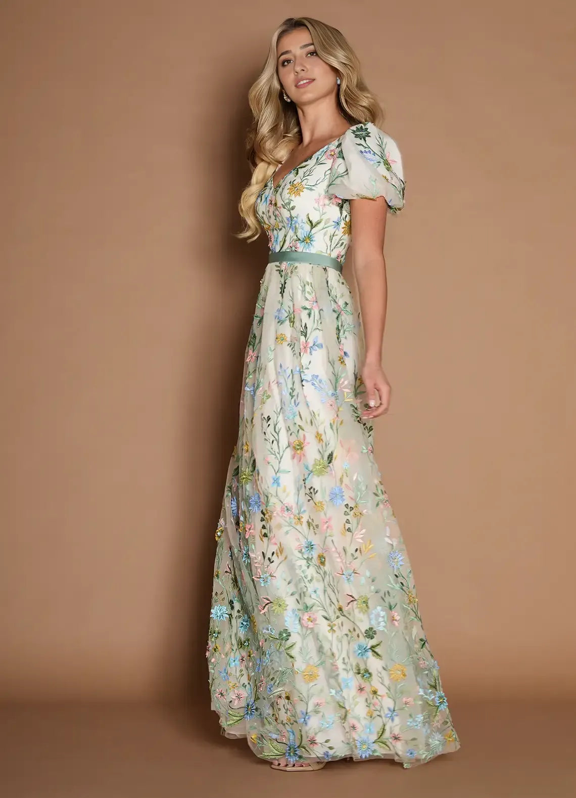 Romantic A-Line V-Neck Puff Sleeve Scoop Back Floral Maxi Wedding Guest Dress