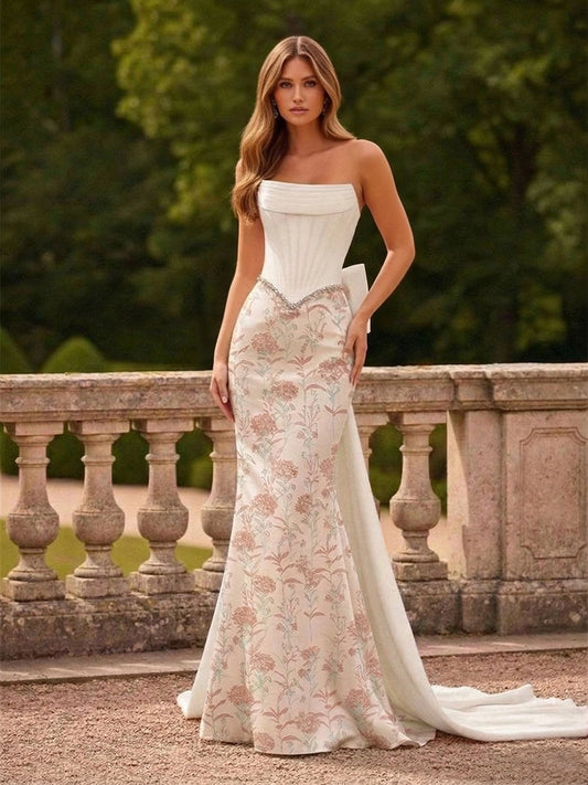 Loverlm ivory floral strapless corset mermaid floor-length evening dress front view