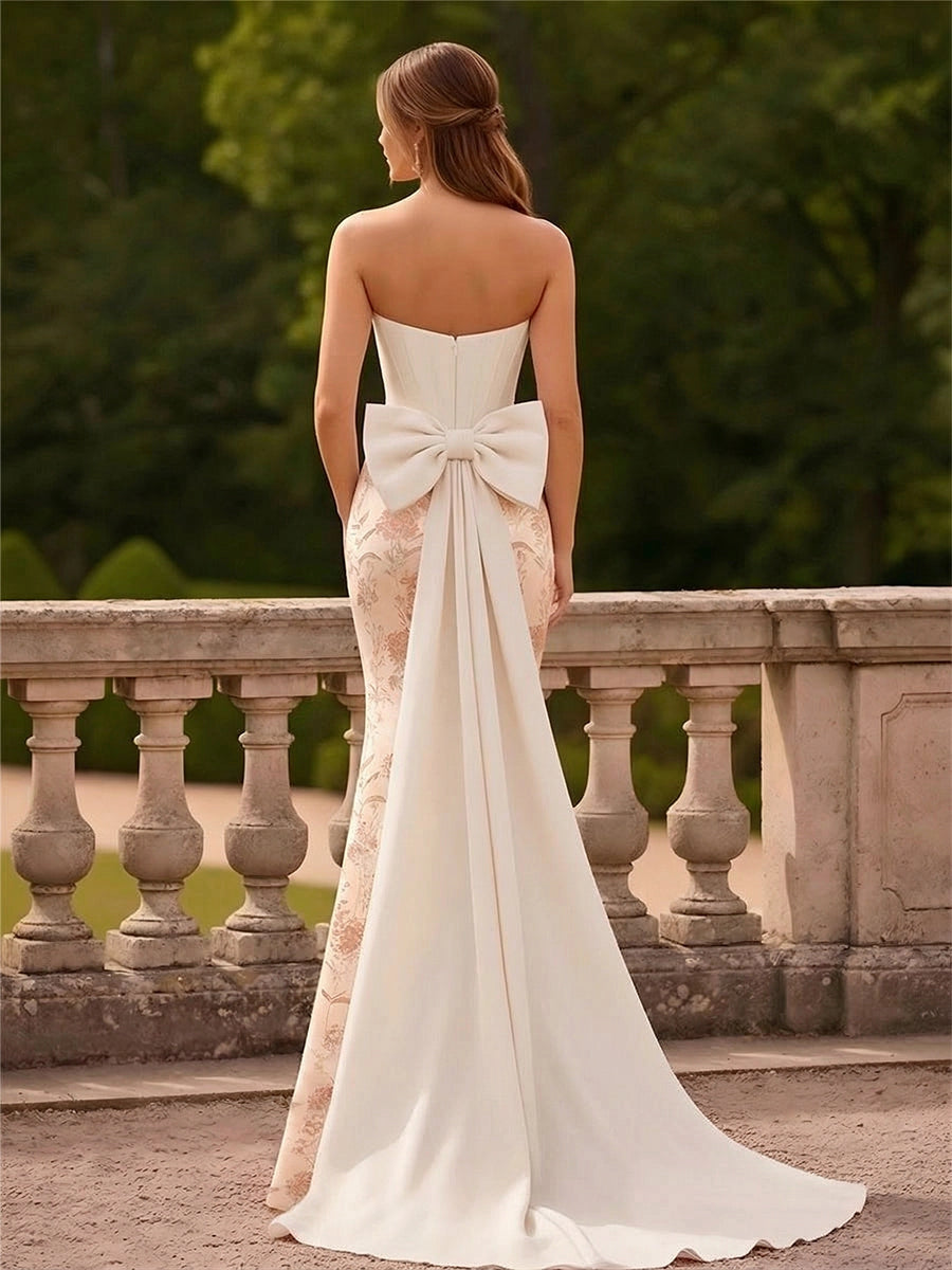 Elegant Mermaid Straight-Neck Sleeveless Bow-Back Train Floor-Length Evening Dress