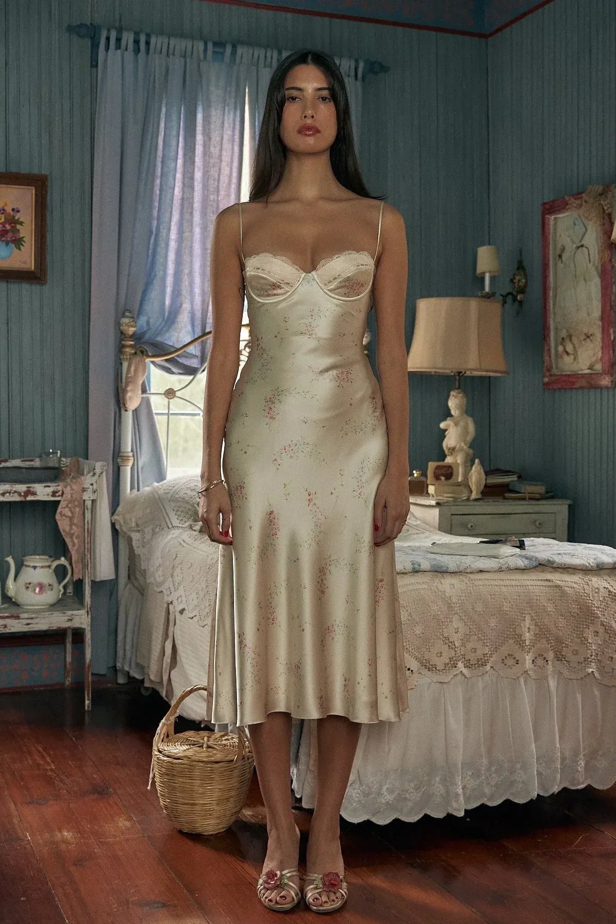 Loverlm ivory floral satin tea length homecoming dress with sweetheart neckline spaghetti straps and layered pleated skirt front view