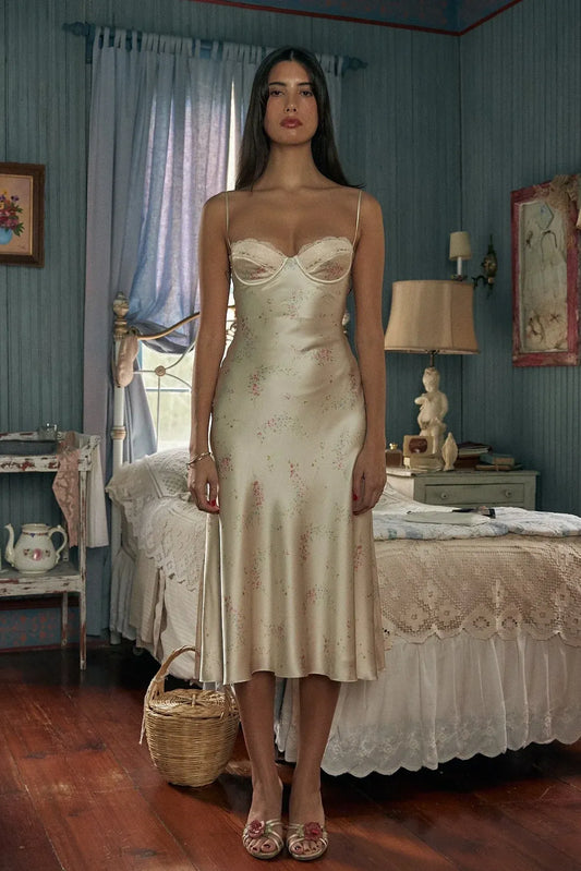 Loverlm ivory floral satin tea length homecoming dress with sweetheart neckline spaghetti straps and layered pleated skirt front view