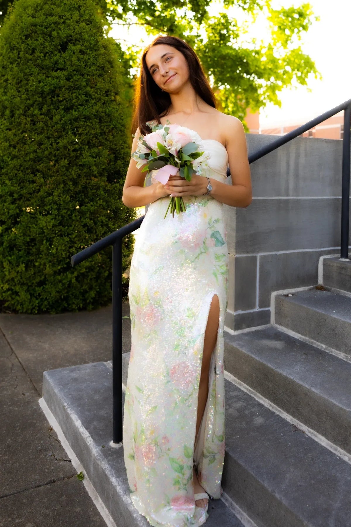 Loverlm ivory floral sequin prom dress with a strapless sweetheart neckline, pastel flower print and a high slit in the long sheath skirt.