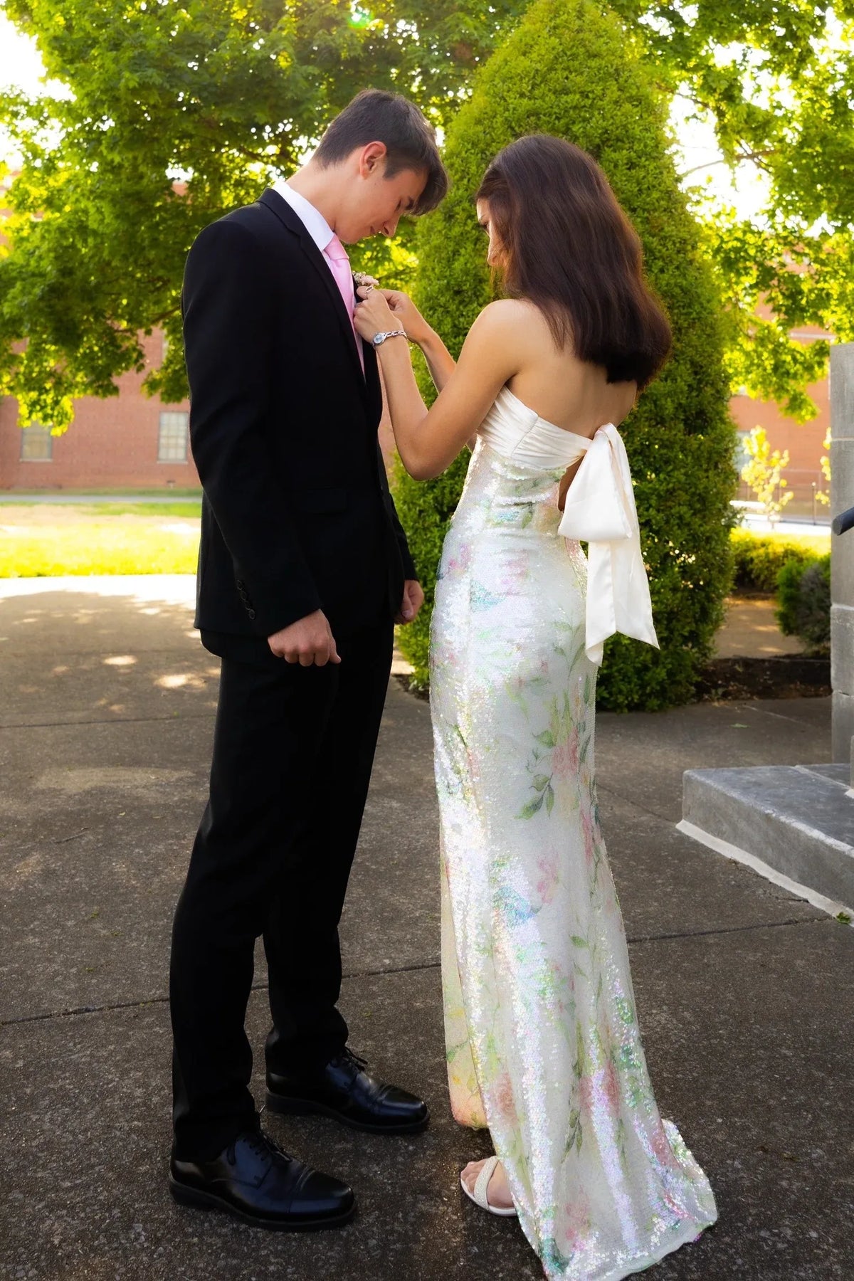 Romantic Floral Sequin Sheath Sweetheart Strapless Bow Back Floor Length Prom Dress