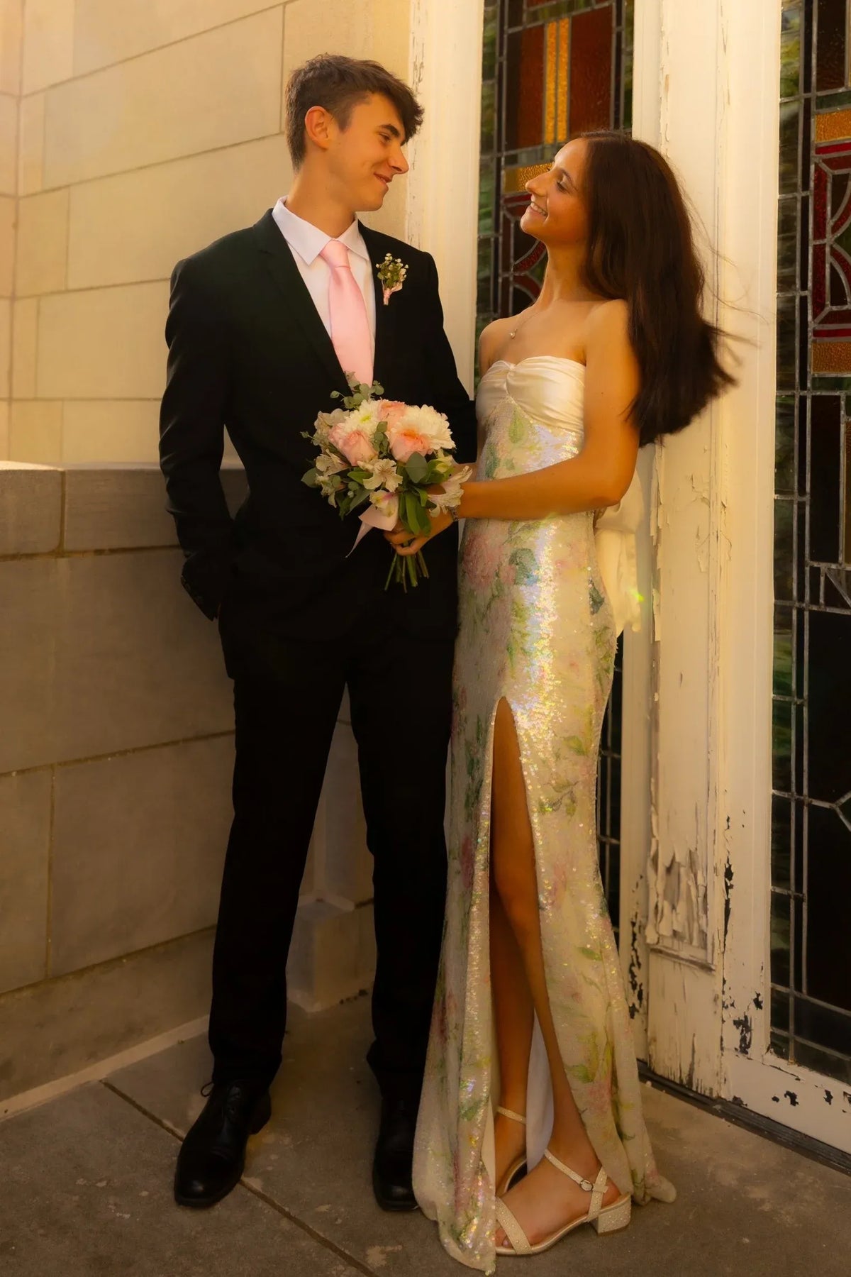 Romantic Floral Sequin Sheath Sweetheart Strapless Bow Back Floor Length Prom Dress