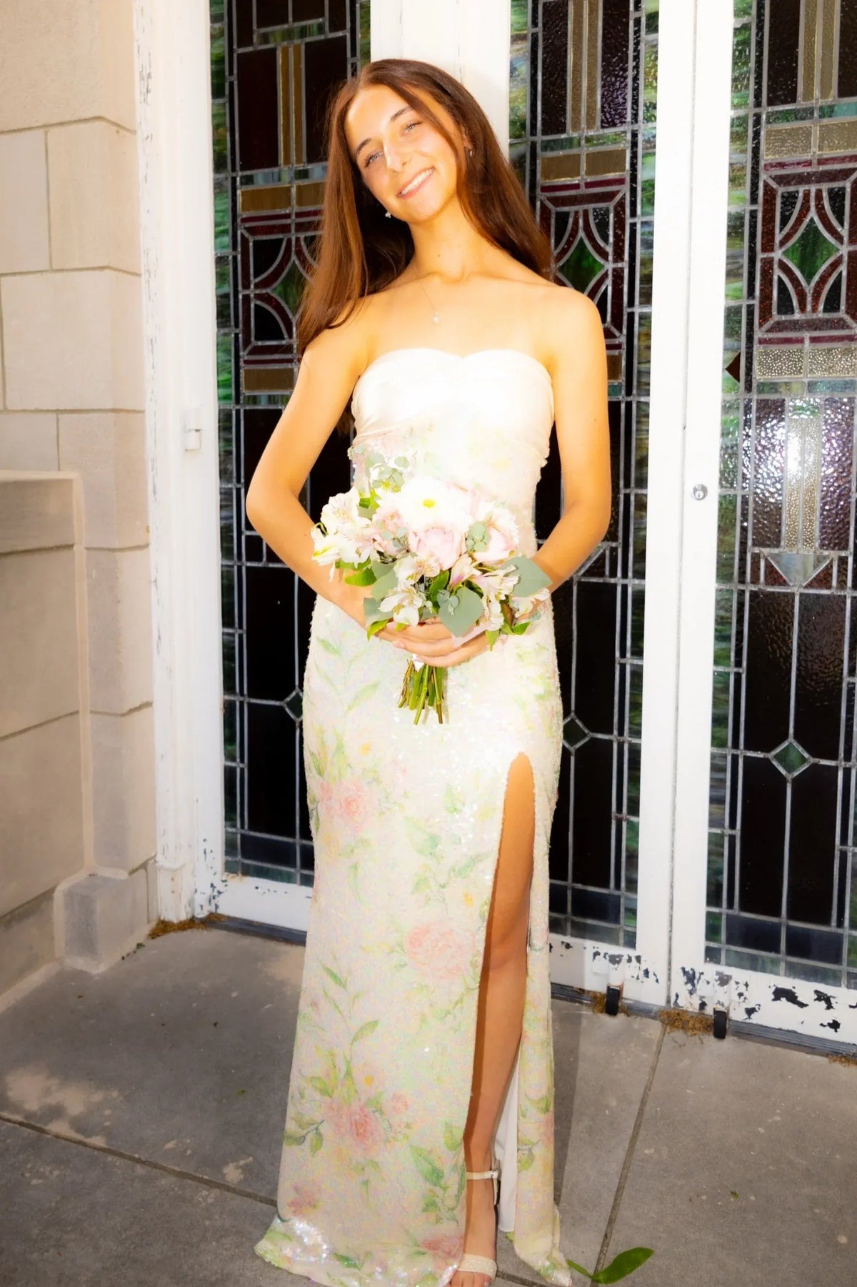 Romantic Floral Sequin Sheath Sweetheart Strapless Bow Back Floor Length Prom Dress