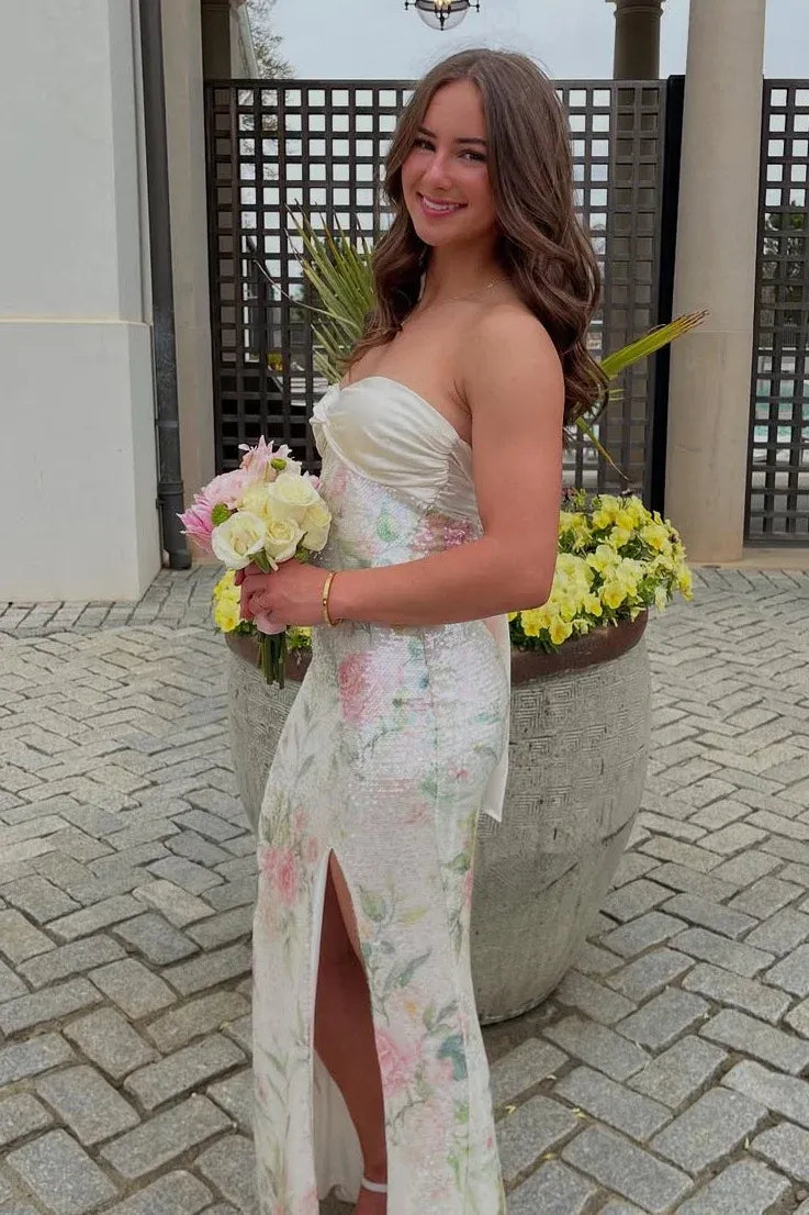 Romantic Floral Sequin Sheath Sweetheart Strapless Bow Back Floor Length Prom Dress