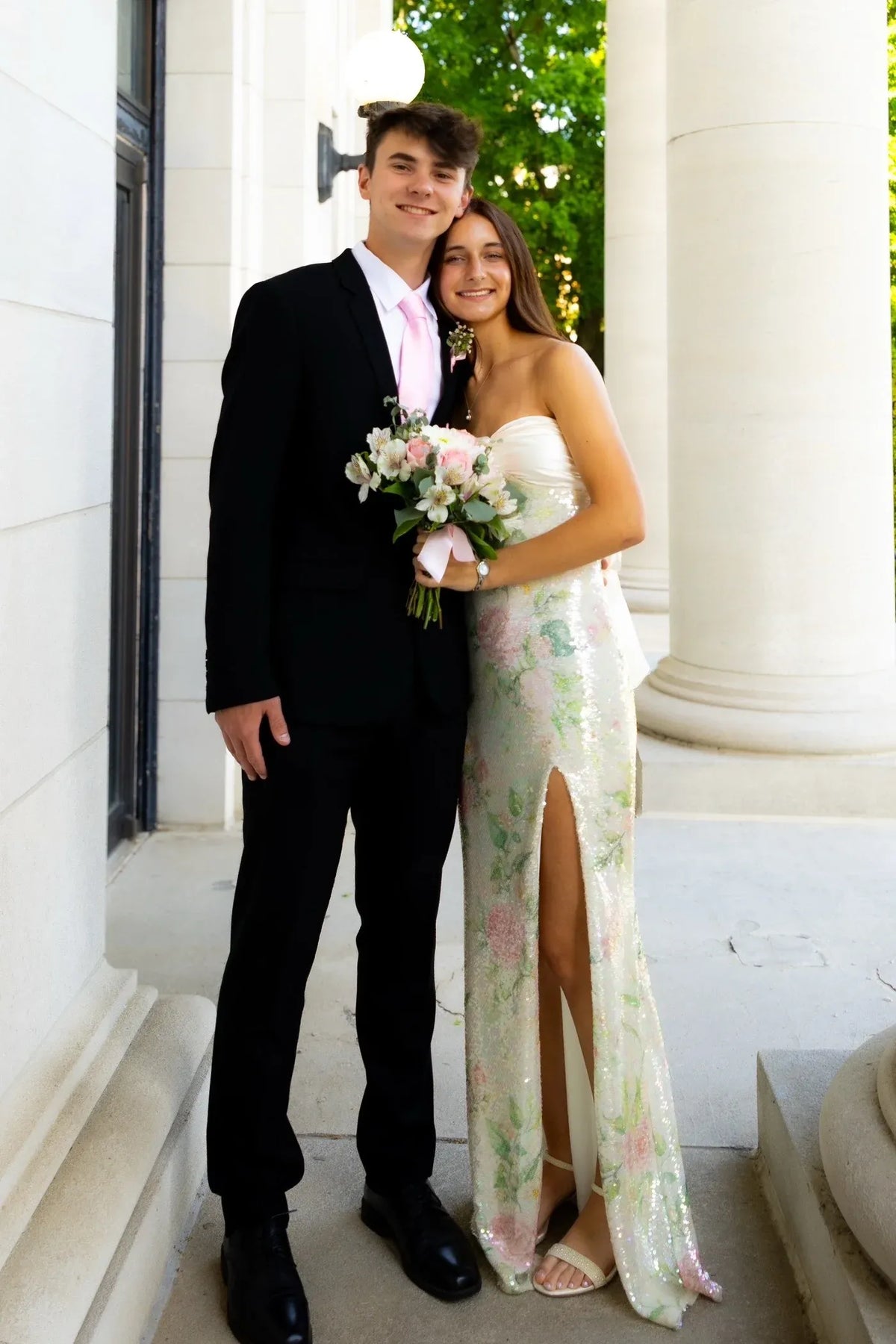 Romantic Floral Sequin Sheath Sweetheart Strapless Bow Back Floor Length Prom Dress