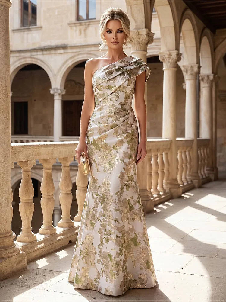 Loverlm ivory gold floral jacquard Wedding Guest dress with one-shoulder pleated neckline and floor-length fitted skirt