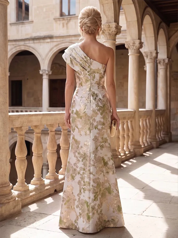 Elegant Column One-Shoulder Sleeveless Jacquard Floor-Length Mother of the Bride Dress