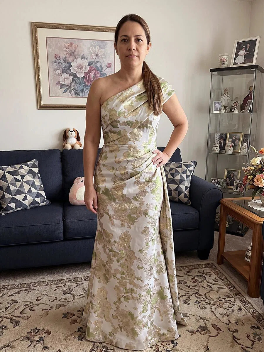 Elegant Column One-Shoulder Sleeveless Jacquard Floor-Length Mother of the Bride Dress