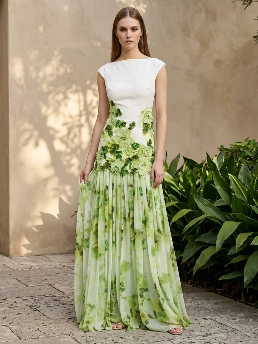 Ivory and green floral wedding guest dress with boat neckline, cap sleeves, 3D flower appliques and flowing chiffon maxi skirt by Loverlm