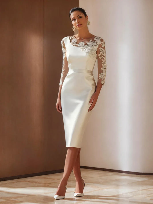Front view of Loverlm ivory cocktail dress with illusion floral lace neckline, three-quarter sleeves, fitted sheath silhouette and midi length
