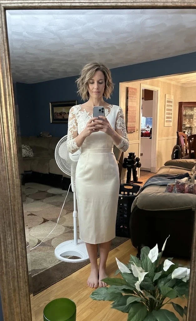 Elegant Sheath Illusion-Neck Lace-Sleeve Scoop-Back Midi Cocktail Dress