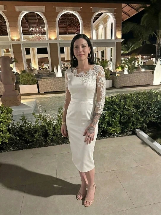 Elegant Sheath Illusion-Neck Lace-Sleeve Scoop-Back Midi Cocktail Dress