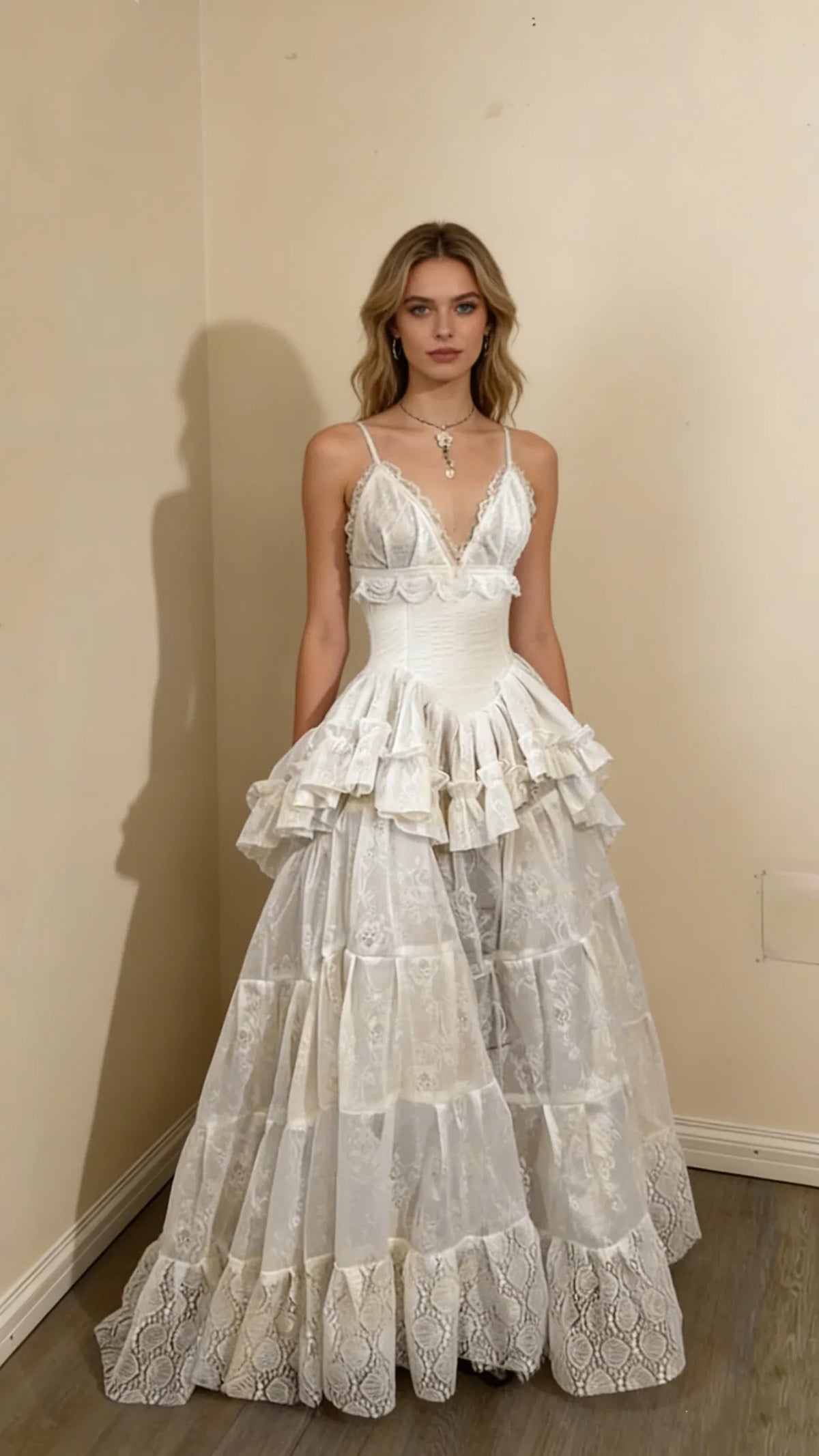 Loverlm ivory A-line wedding dress with plunging V-neckline, spaghetti straps, corset bodice, floral lace and layered ruffle skirt front view