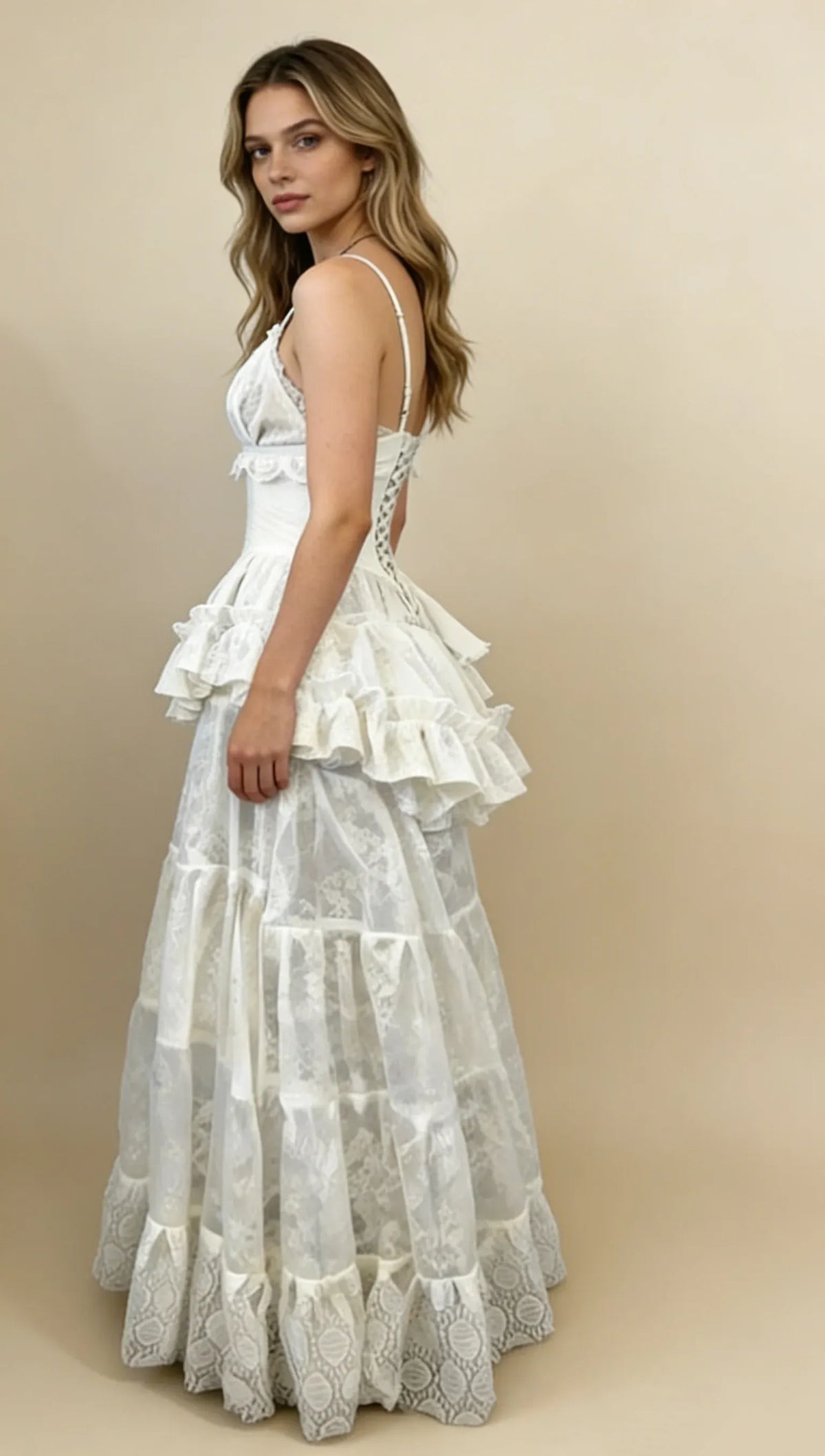 Romantic A-Line Plunging V-Neck Sleeveless Lace-Up Back Floor-Length Evening Dress