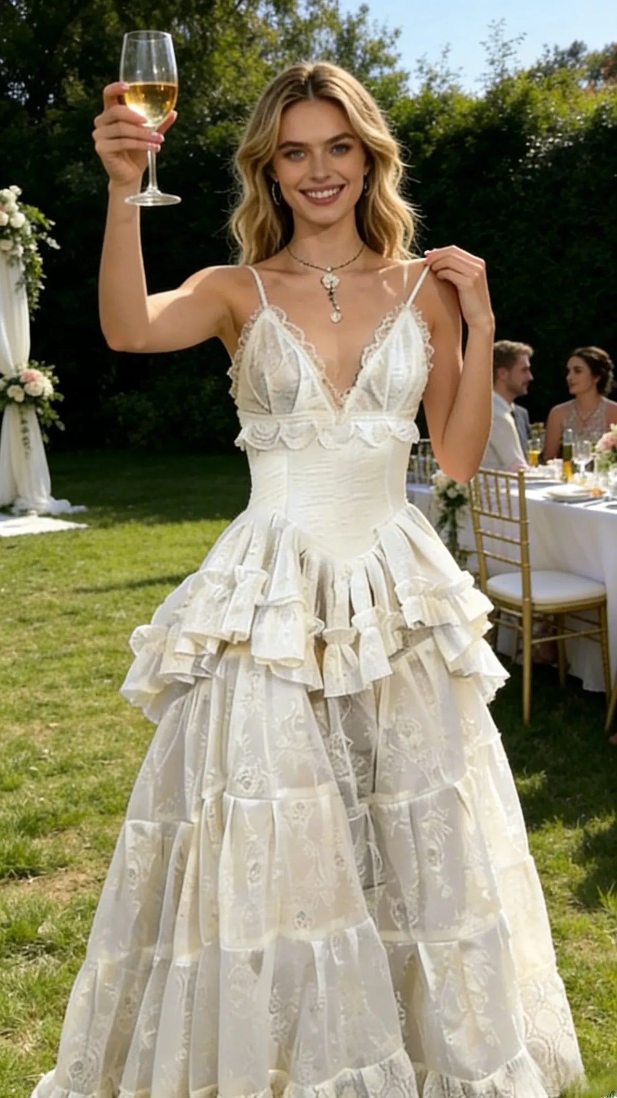Romantic A-Line Plunging V-Neck Sleeveless Lace-Up Back Floor-Length Evening Dress
