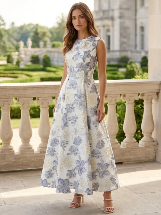 Loverlm ivory lavender floral A-line ankle length wedding guest dress front view