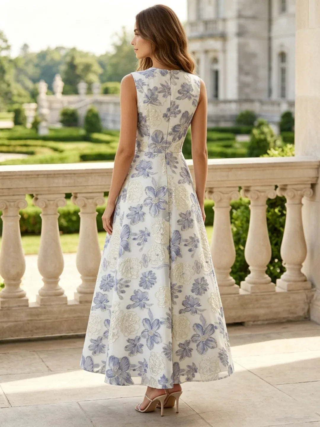 Elegant A-Line Round Neck Sleeveless Zipper Back Ankle-Length Wedding Guest Dress