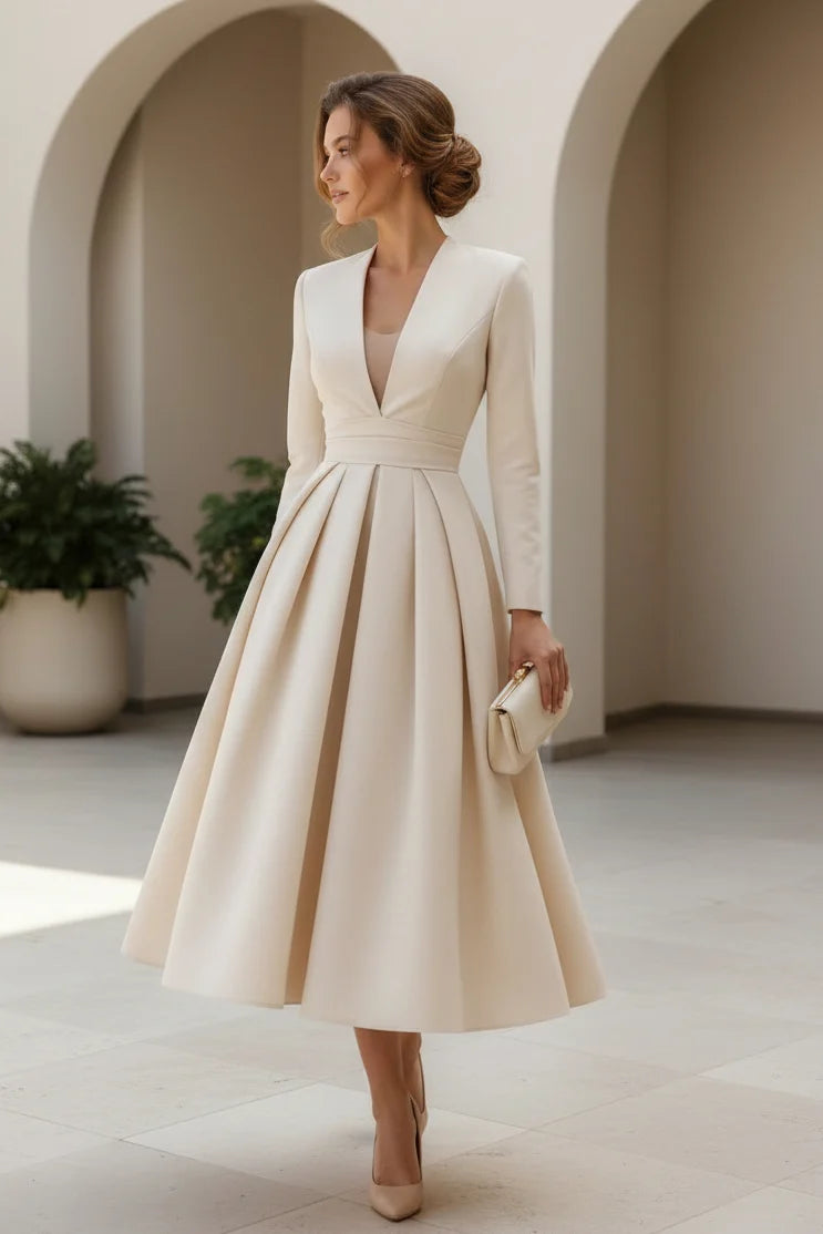 Loverlm ivory civil wedding midi dress with deep V-neck, long sleeves, defined waistband and structured box pleated A-line skirt front view