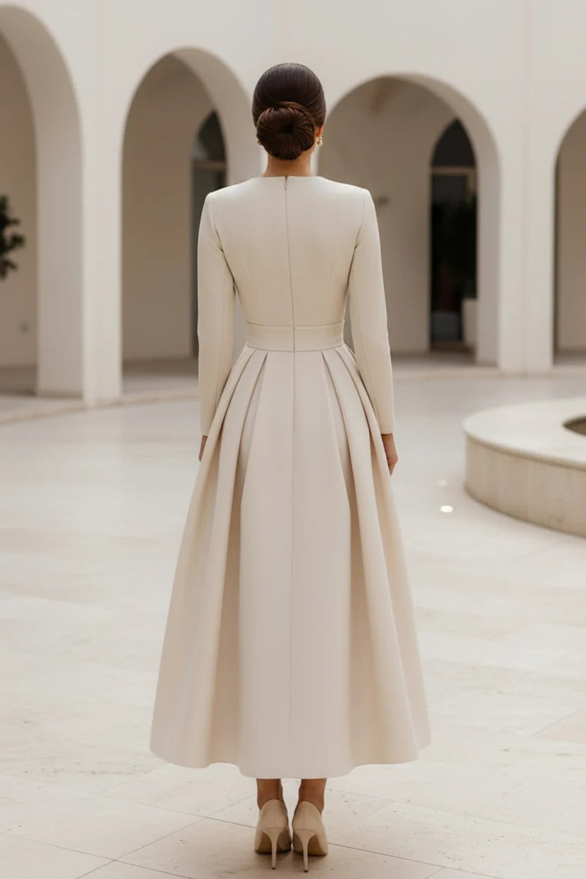 Elegant A-Line V-Neck Long Sleeve Satin Midi Mother of the Bride Dress