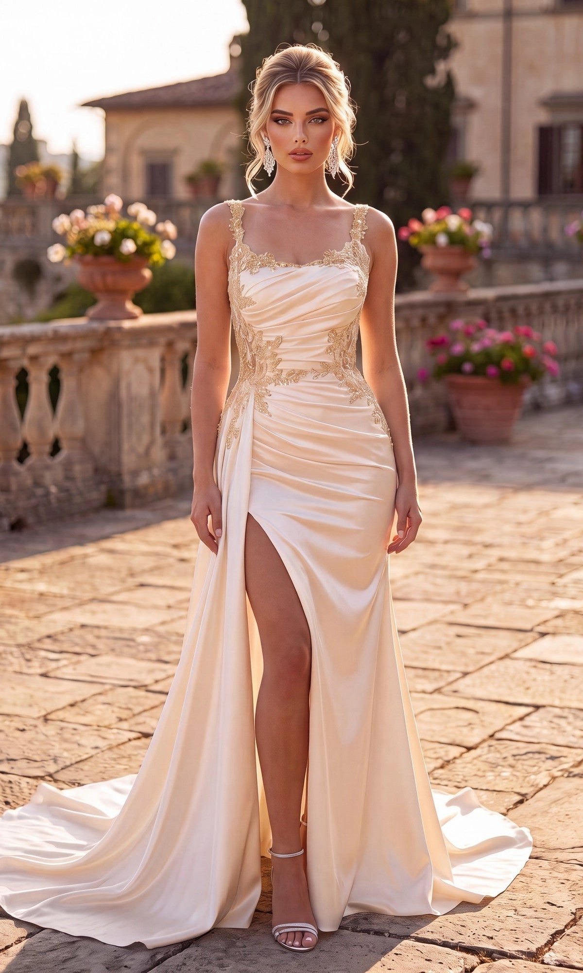 Elegant Sheath Square Neck Sleeveless Satin Floor Length Prom Dress
