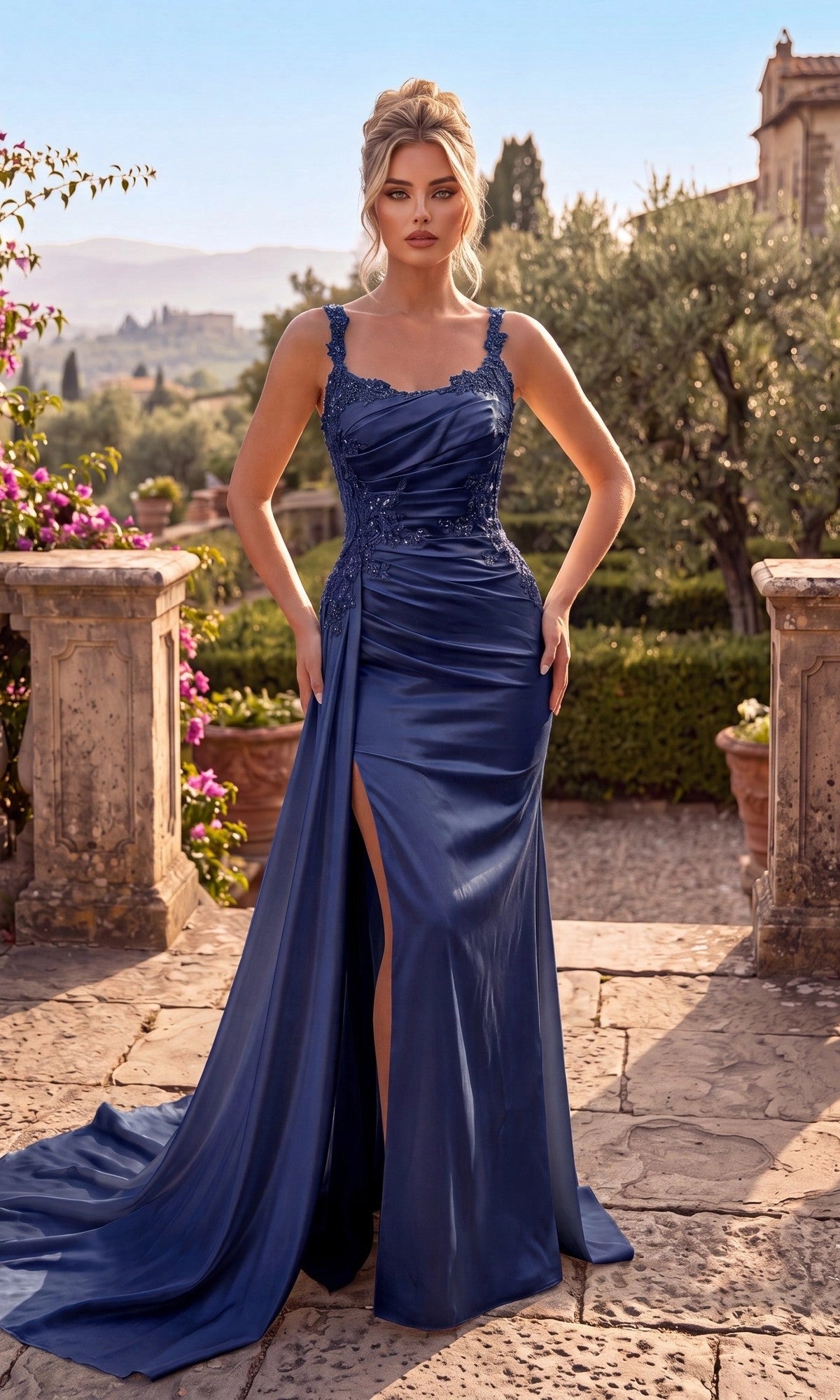 Elegant Sheath Square Neck Sleeveless Satin Floor Length Prom Dress