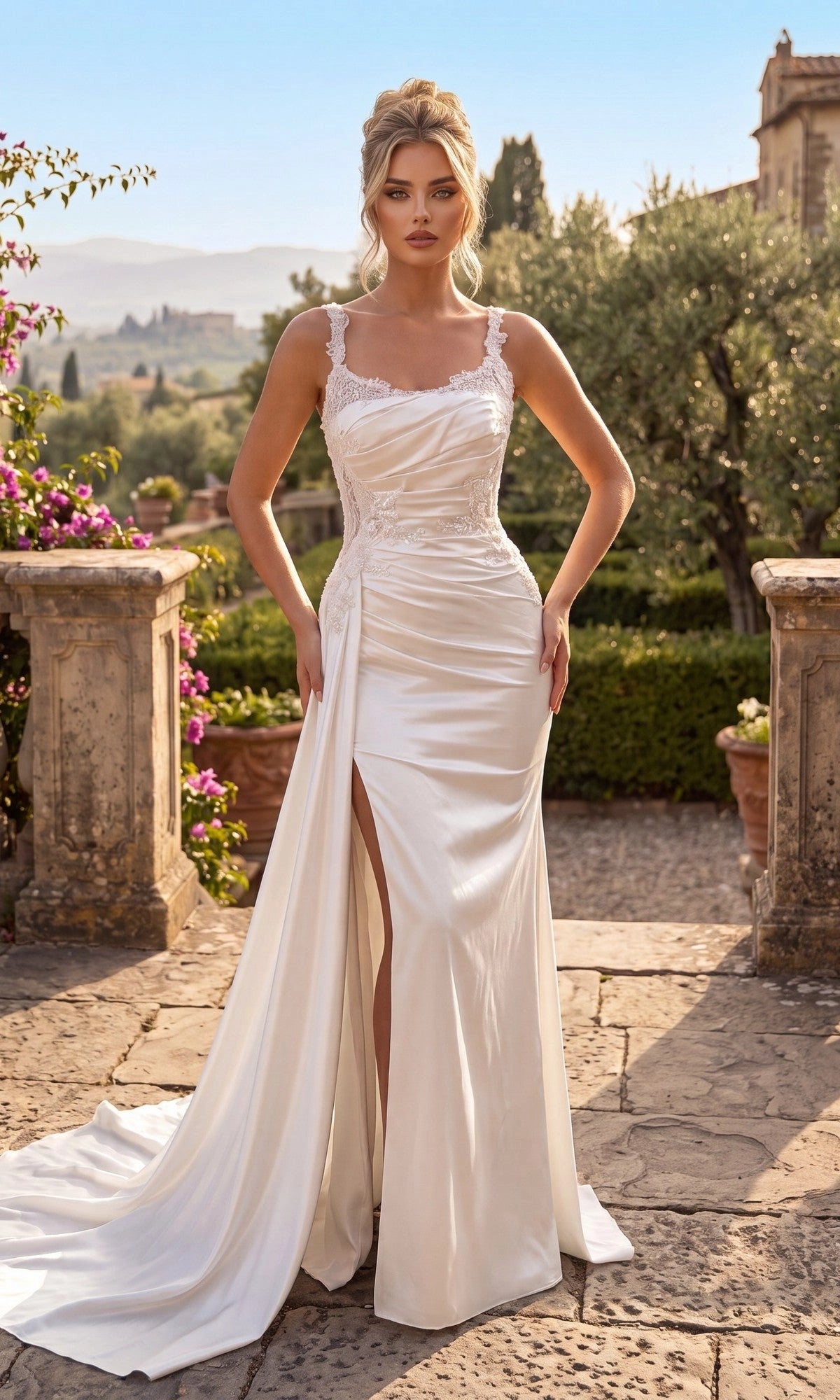 Ivory satin sheath reception dress with square neckline, floral lace straps, ruched bodice, thigh-high slit and flowing side drape with sweep train by Loverlm