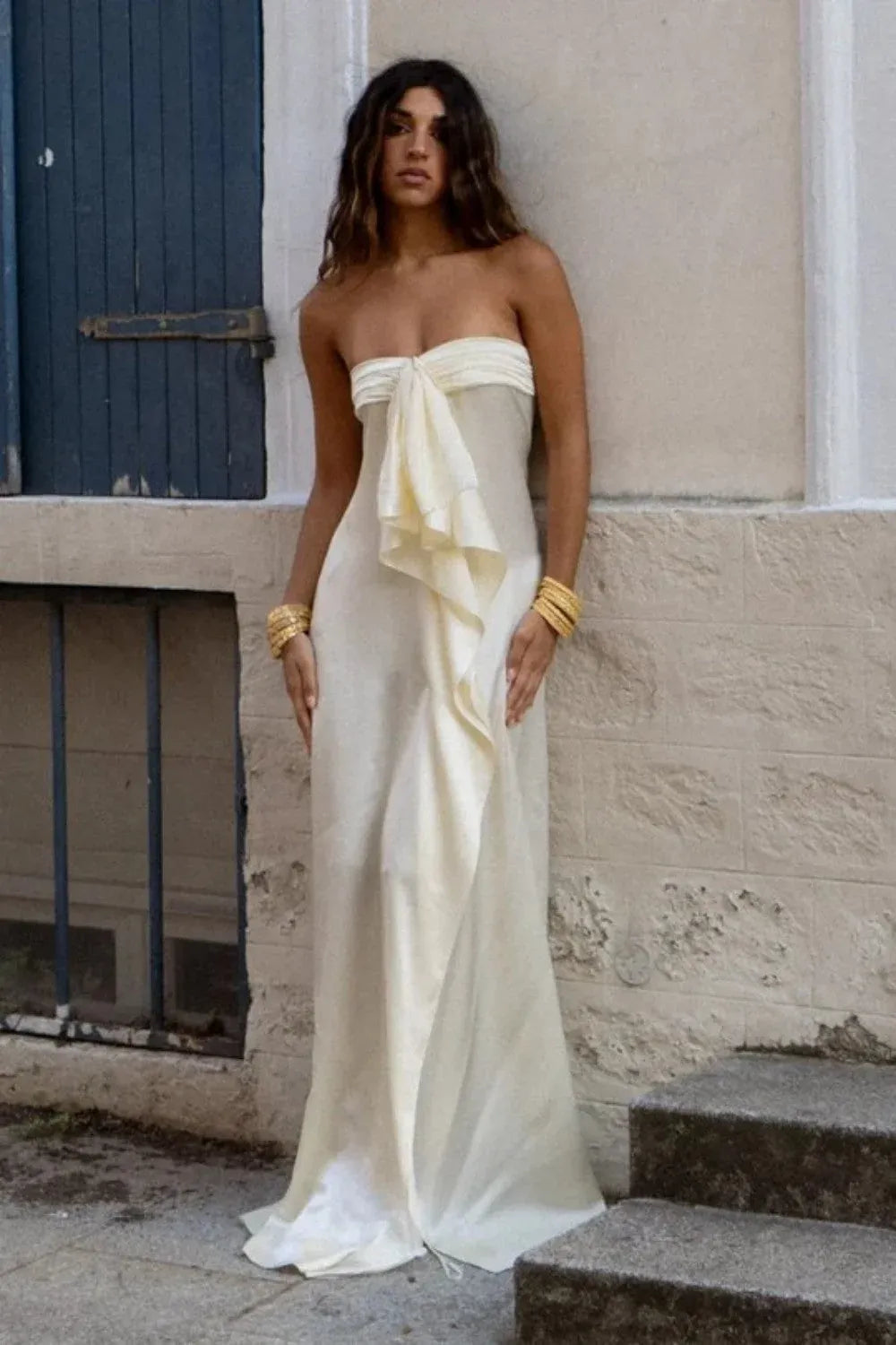 Romantic Satin Sheath Bandeau Strapless Zipper Back Floor Length Prom Dress