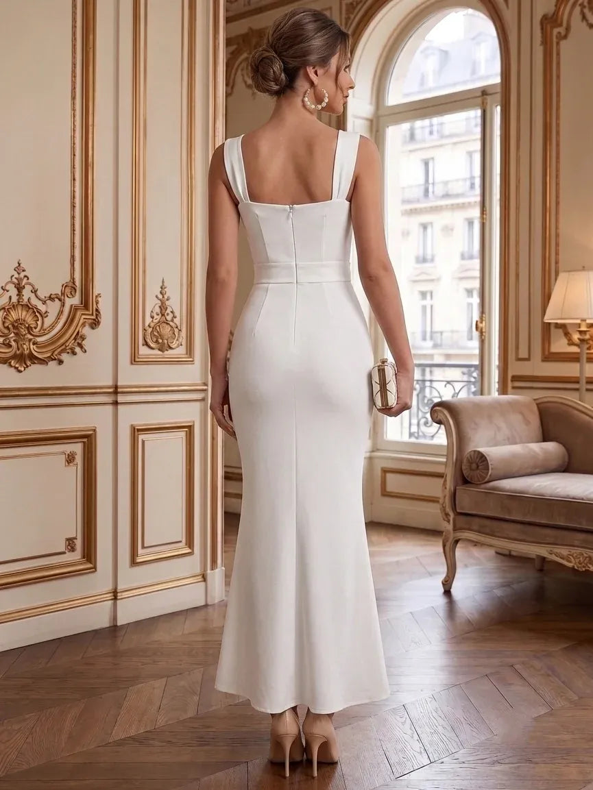 Elegant Sheath Square-Neck Sleeveless Zip-Back Lace-Hem Midi Cocktail Dress