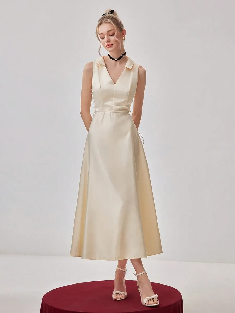 Loverlm ivory satin wedding guest dress with V-neck collar sleeveless bodice and A-line midi skirt