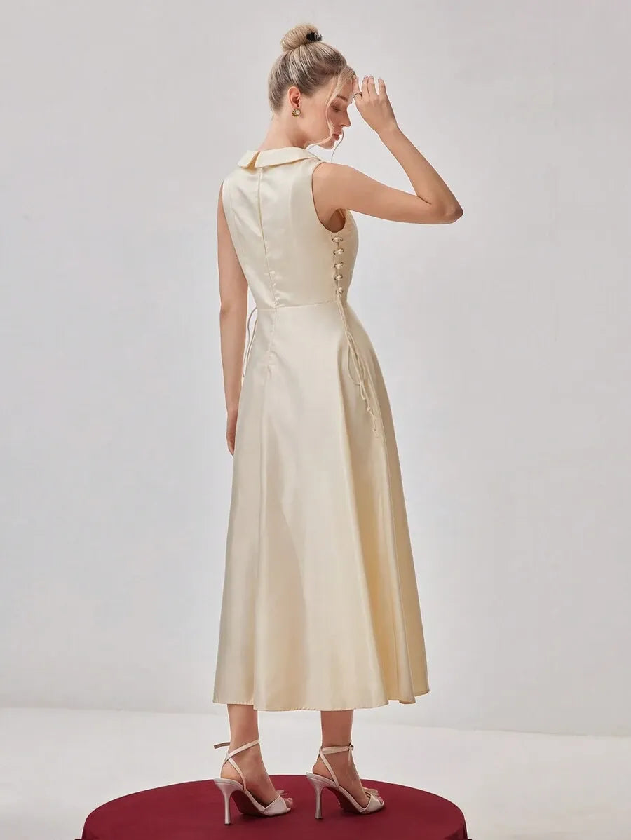 Elegant A-Line V-Neck Sleeveless Zip-Back Satin Midi Wedding Guest Dress