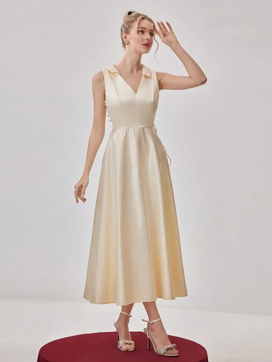 Elegant A-Line V-Neck Sleeveless Zip-Back Satin Midi Wedding Guest Dress