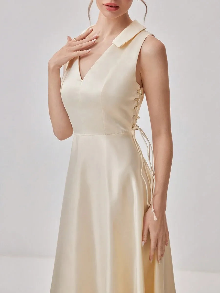 Elegant A-Line V-Neck Sleeveless Zip-Back Satin Midi Wedding Guest Dress